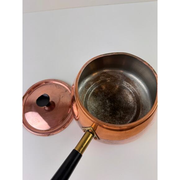 Vintage MCM Solid Copper Pot Rose Gold Metal Wooden Handle Lid Made In Portugal - Picture 7 of 11
